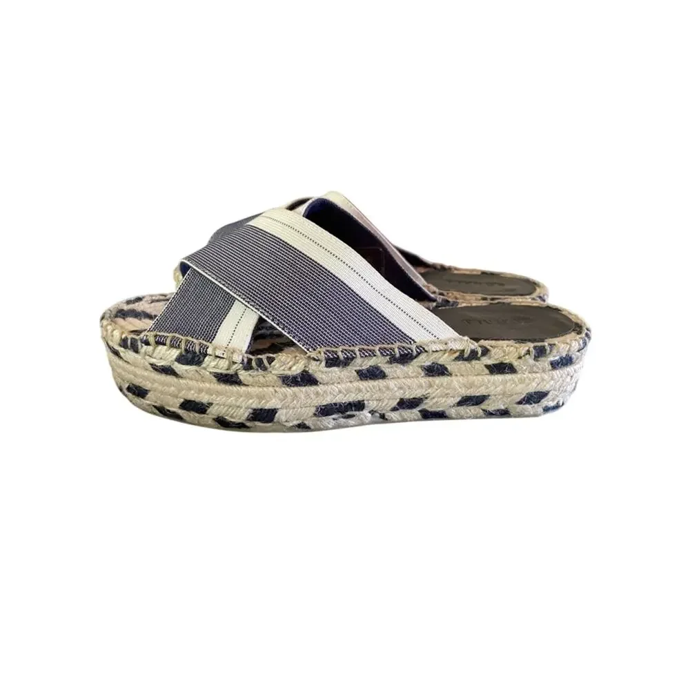 Woven Navy Cream Slip-On Espadrille Jute Platform Sandals Size 7
